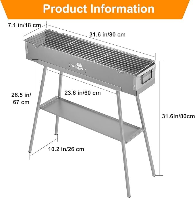 WILLBBQ Charcoal Grills Commercial Quality Portable Hibachi BBQ Lamb Skewer Detachable‌ Camping Barbecue Grill for Backyard Outdoor Cooking Use(31.6x7.1x5.1 inch)