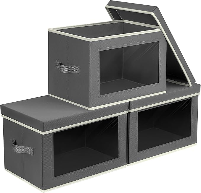 Homsorout Storage Boxes with Lids - 3 Pack Fabric Clear Window Storage Bins Collapsible Storage Bins with Lids Linen Closet Organizer for Clothes Towel Blanket Dark Grey