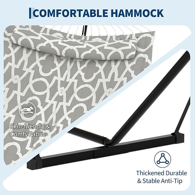 GarveeLife 2 Person Double Hammock with Stand and Pillow - 450 Lbs Capacity Heavy Duty Hammock with Balance Rope Large Outdoor Hammock for Patio Backyard Poolside