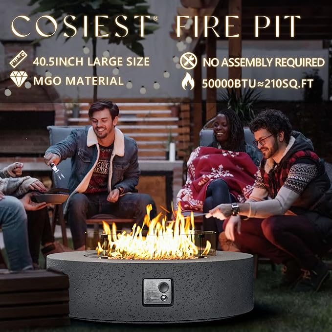 COSIEST 42 inch Outdoor Propane Fire Pit Coffee Table w Concrete Round Base Patio Heater Certified 50000 BTU Stainless Steel Burner Free Lava Rocks Rain Cover Wind Guard Tank Cover Gray