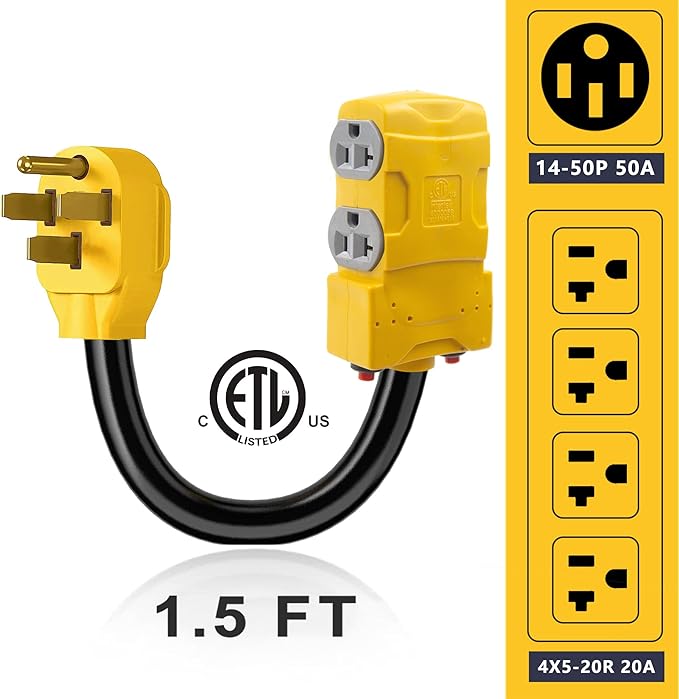 50 Amp to 20 Amp 110V RV Distribution Adapter NEMA 14-50P to 4 X 5-20R/15R RV Generator Adapter 4-Prong to Mutiple Household Outlet w/ 20amp Circuit Breaker 1.5FT