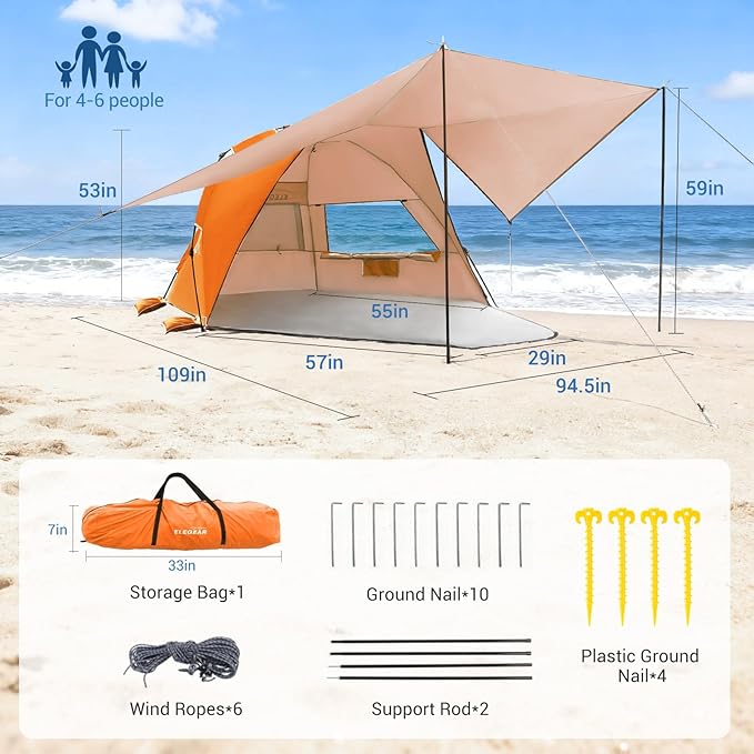 Elegear CumbreX™ Beach Tent with 360° Removable Canopy 4-6 Person Pop Up Sun Shade Shelter UPF 50+ Automated Installation Double Silver Coating Portable Lightweight Beach Cabana for Outdoor Orange