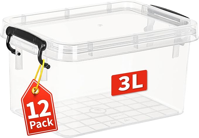 Plastic Storage Boxes Small Storage Box with Lids No-Frills Stackable Clear 3L- 12 Pack