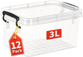 Plastic Storage Boxes Small Storage Box with Lids No-Frills Stackable Clear 3L- 12 Pack