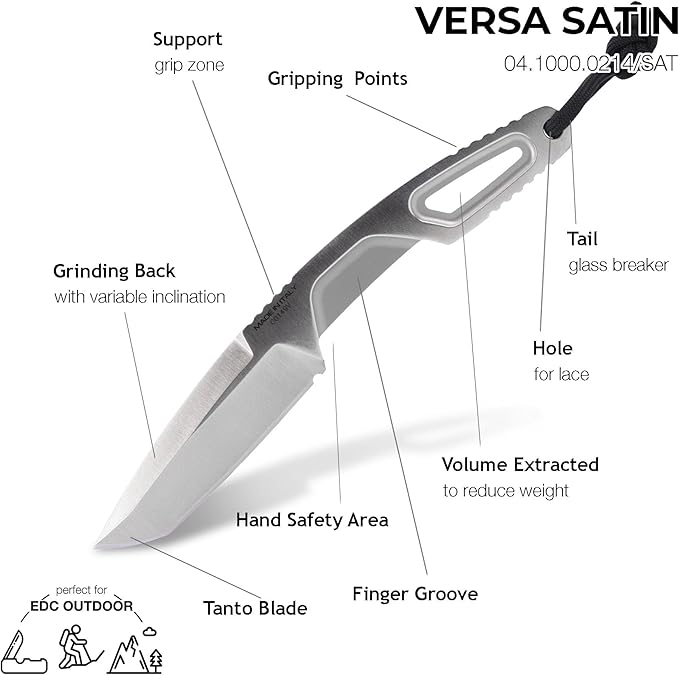 Extrema Ratio - Versa (Satin) Fixed Blade Knife Böhler N690 steel blade hardened to 58 HRC satin finish ergonomic aluminum handle scales reversible pocket clip handcrafted in Italy