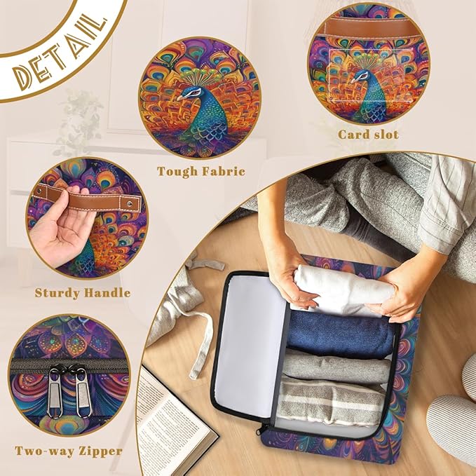 Peacock Storage Box with Lid Watercolor Feather Collapsible Storage Bins Baskets Cubes Closet Shelf Clothes Organizer Containers with PU Leather Handles