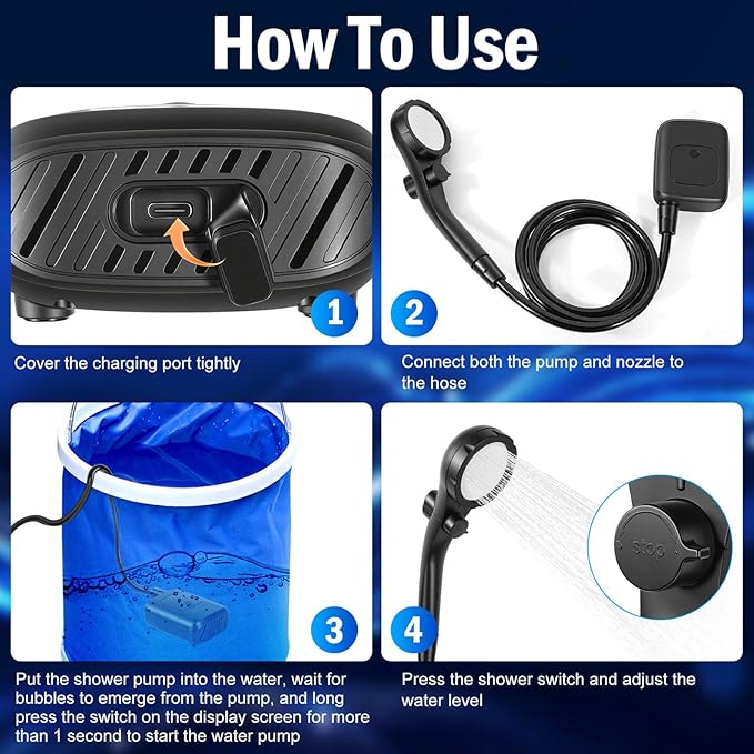 HEEPDD Portable Camping Shower Compact Outdoor Shower Kit Rechargeable with Digital Power and Temperature Display for Camping Beach Travel Pet