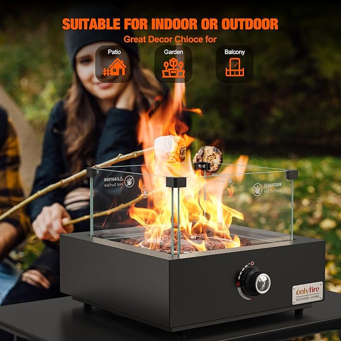 ONLYFIRE OUTDOOR LIVING 15.7 Portable Propane Gas Fire Pit Side-Mounted Modern Tabletop Fireplace Smokeless Firepit with Glass Wind Guard for Patio Camping RV Tailgating 23000BTU Squre FP040