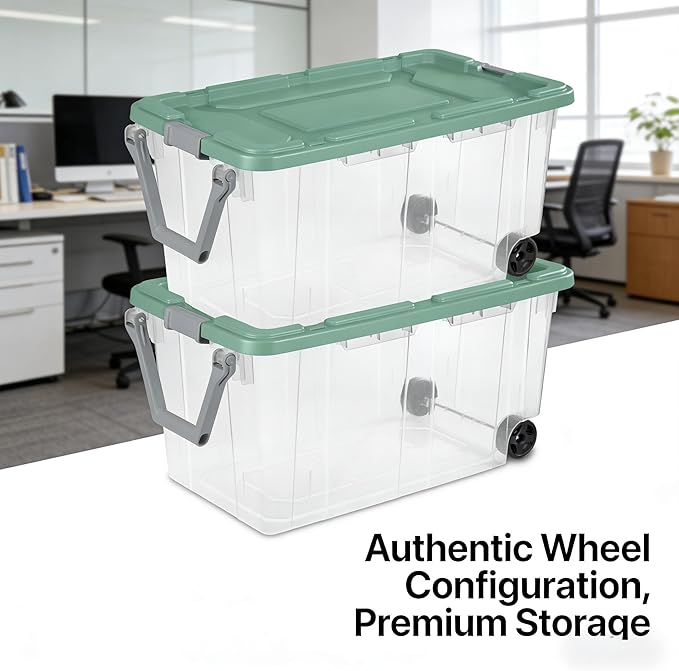 2-Pack 160-Quart Extra Large Capacity Storage Containers Durable Transparent Bin with Leak-Proof Lid Wheeled Portable Heavy-Duty Organizer Stackable for Outdoor Garage Storage Green and Clear