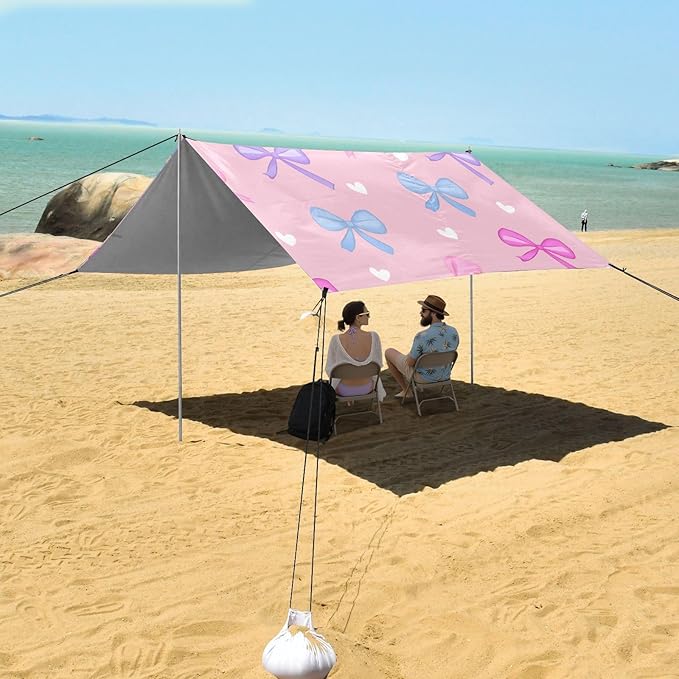 ALAZA Pink Purple and Blue Bow Heart Beach Tent Sun Shelter Portable Canopy Sunshade for Outdoor Camping Picnics Backyard Fun 10x9 ft