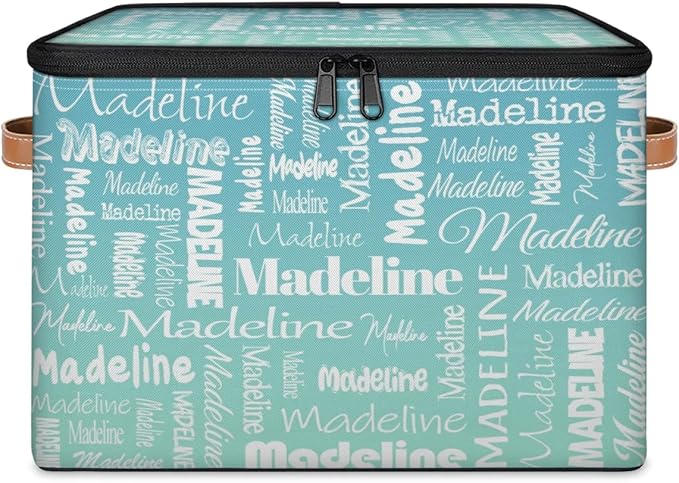Custom Storage Basket with Name Personalized Keepsake Box with Zipper Lid Foldable Fabric Memory Bin Large capacity with Handle Grey Blue Green