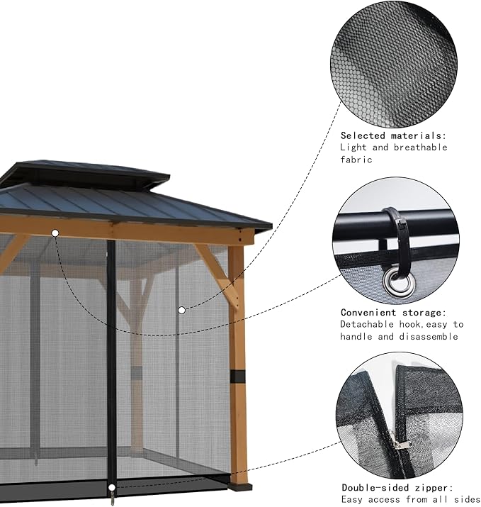 Gazebo Mosquito Netting Universal Replacement 4-Panel Sidewalls with Double Zippers for Patio Backyard Deck and Lawn 10x10 ft (Black 10 * 10ft)