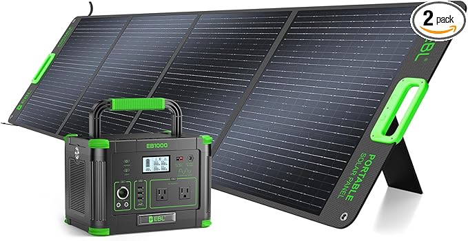 EBL 1000W Portable Power Station (Peak 2000W) with 200W Portable Solar Panel 23.5% High Efficiency Solar Panel EBL 999Wh Solar Generator Kit for Camping RV Home Backup Outdoor Adventures