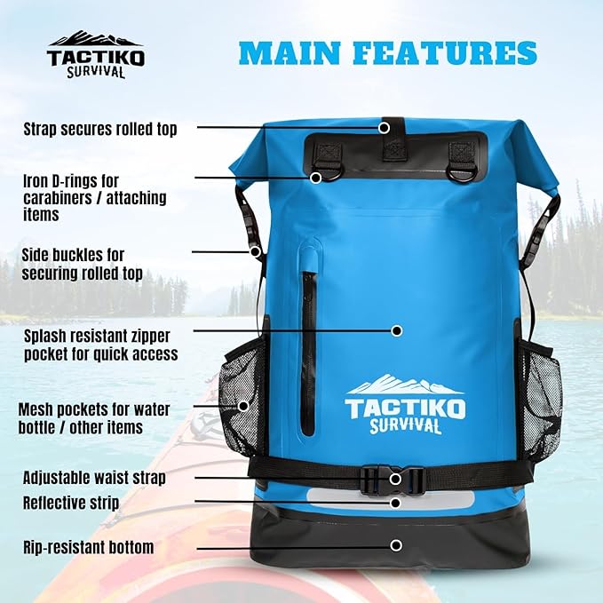 TACTIKO 30L Heavy-Duty 100% Waterproof Backpack Roll Top Dry Bags for Kayaking Hiking Camping Survival
