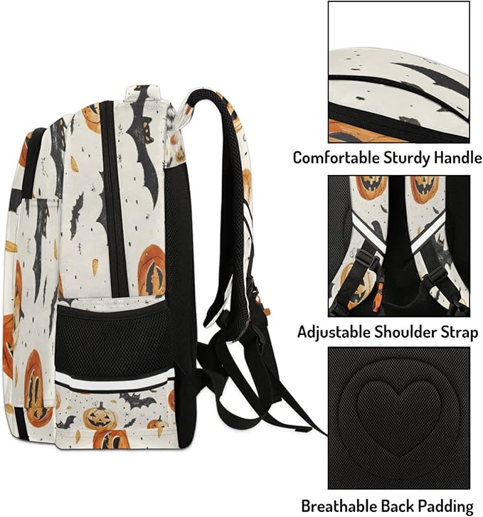 QsirBC Pumpkin Lights Bat Point Leaf Multi Compartment Backpack with Reflective Strips Adjustable Padded Straps Large Capacity Waterproof Duffel Bag for Men Women Work and Daily Use