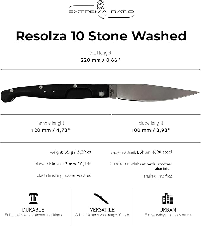 Extrema Ratio - Resolza 10 (Stone Washed) Folding Knife Böhler N690 Steel Blade Stone Washed Finish Anodized Aluminum Handle High Edge Retention Corrosion Resistant Handcrafted in Italy Premium