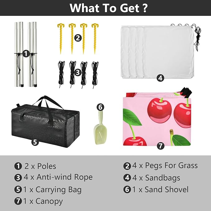 xigua Red Cherries Beach Tent Sun Shelter with Carrying Bag - Silver Coated Oxford Fabric Beach Canopy for Beach Camping Fishing - Includes Windproof Ropes Sandbags &amp Stakes
