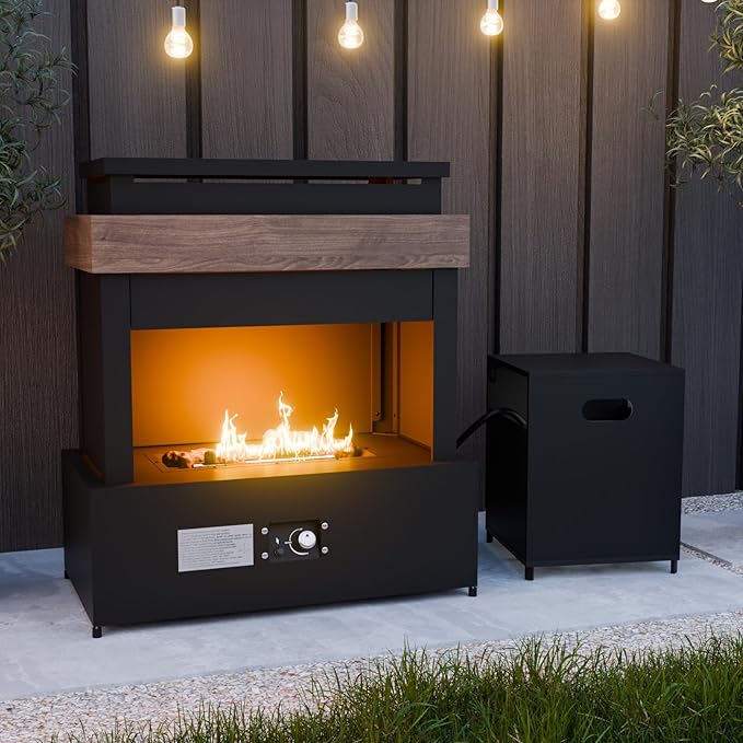 35’’ Smokeless Outdoor Propane Fireplace with Tank Storage CSA Certified 50000 BTU Patio Fire Pit with Cover for Garden Backyard Patio Black/Beige