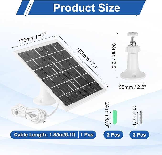 MECCANIXITY Solar Panel for Ring Camera 5W 6V USB Solar Panel Charger with 6ft Type-C Port Cable 360°Adjustable Wall Mount for Security Outdoor Bird Feeder IP65 Waterproof Mono White