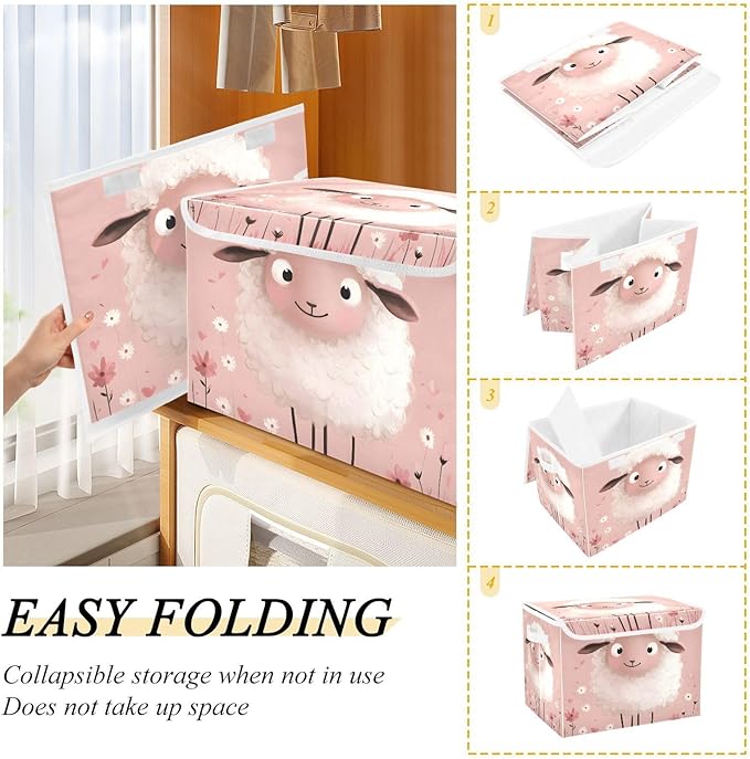 Storage Cube with Lid Cute Sheep Print 16.5×12.6×11.8 IN 1 Pack Collapsible Large Capacity Foldable Storage Basket Bin Organizer