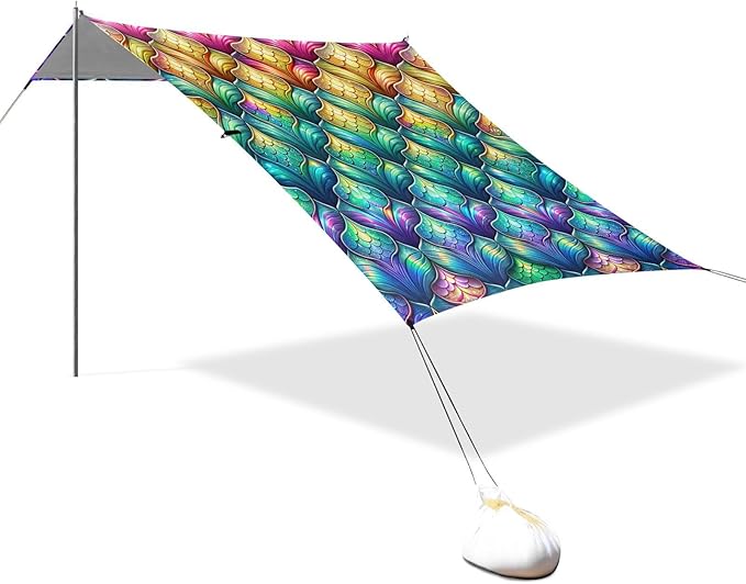 ALAZA Rainbow Mermaid Scale Colorful Beach Tent Sun Shelter UPF50+ Protection Beach Shade Canopy w/ 4 Sandbags for Outdoor Camping Fishing Backyard Fun Picnic 10x9 ft