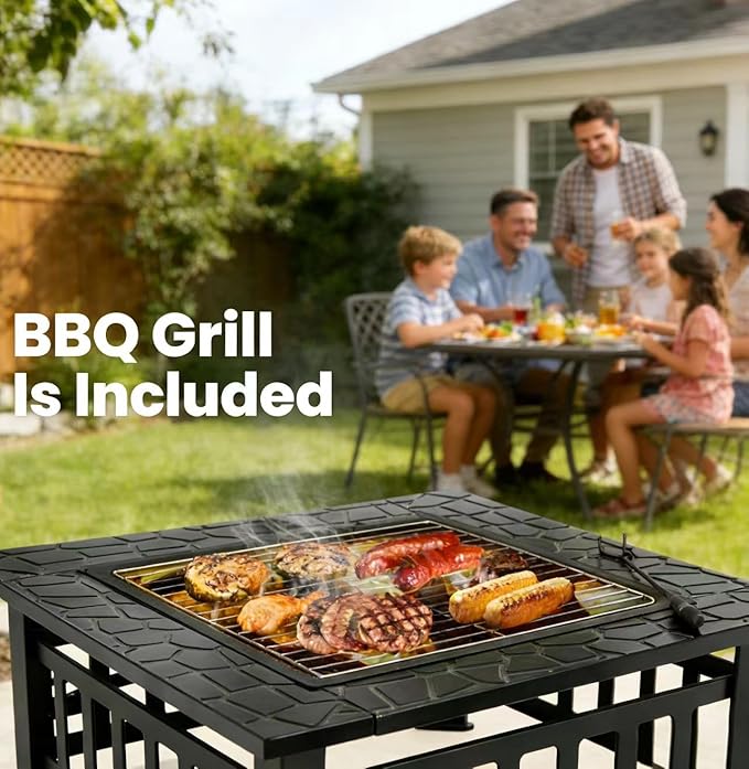 ZENY 32 inch Outdoor Fire Pit with Grill for Outside Wood Burning Square Metal Outside Fireplaces Spark Screen and Poker Included for Backyard Patio Camping Bonfire
