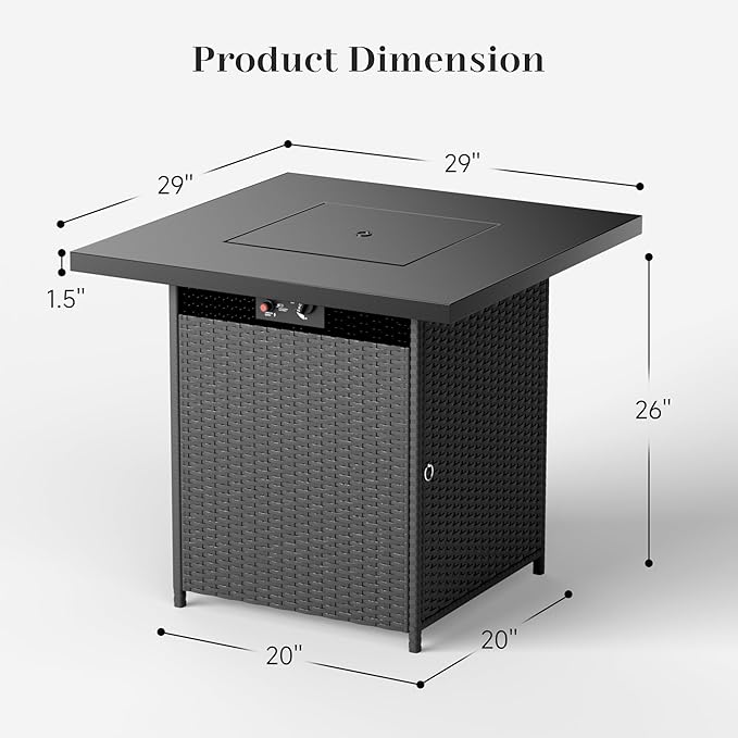Propane Fire Pit Table 29'' - Easy Push-Turn Ignition Clean Smokeless - Rattan Wicker Outdoor Fire Table with Adjustable Flame 50000 BTU Fire Pit Gas for Patio Garden &amp Backyard Black