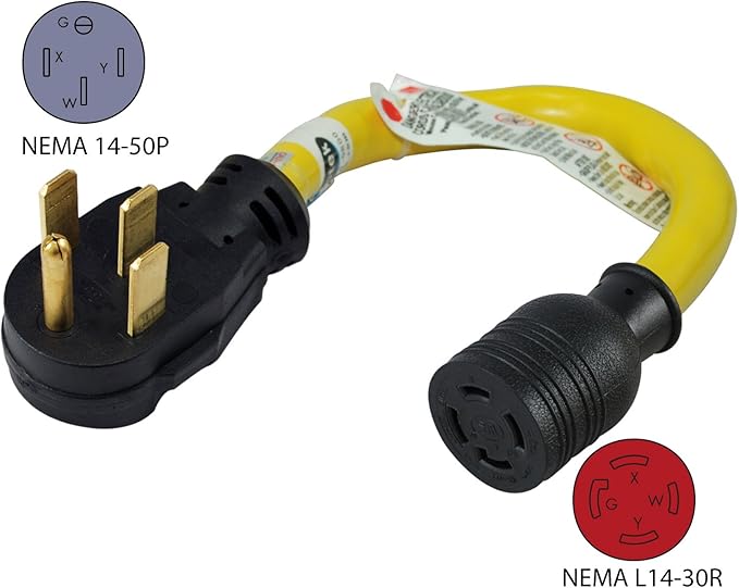 Conntek 14335 1.5-Foot Adapter 50 Amp 14-50P Male Plug To L14-30R 30 Amp 125/250 Volt Locking Female Connector Black