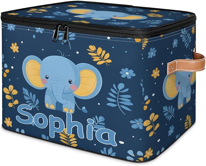 Custom Storage Basket with Name Personalized Storage Bins with Zipper Lid Foldable Fabric Storage Box Large capacity with Handle Elephant Flower Leaves