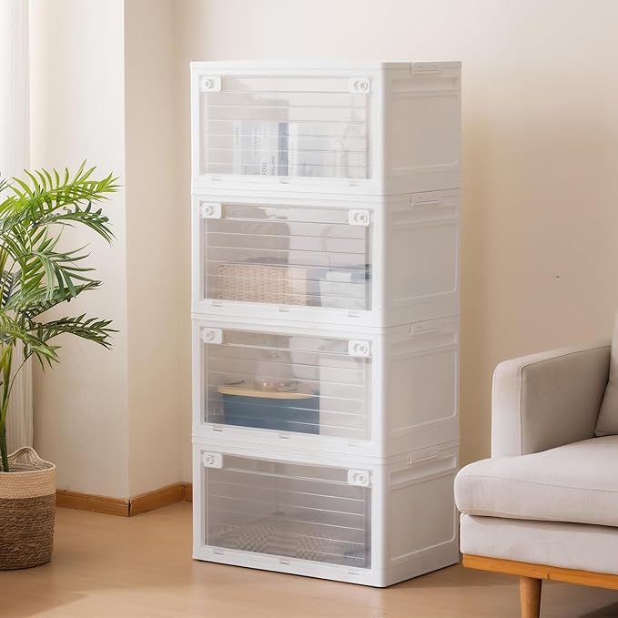 4-Tier 101QT Stackable Storage Bins with Lid Doors &amp Wheels Collapsible Plastic Organizer Bins for Closet Bedroom White