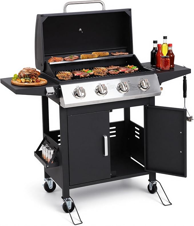 HUGROVE 4-Burner Propane Gas BBQ Grill Upgraded 40000 BTU Stainless Steel Barbecue Grill with Foldable Side Tables Spice Rack &amp Wheels for Outdoor Cooking