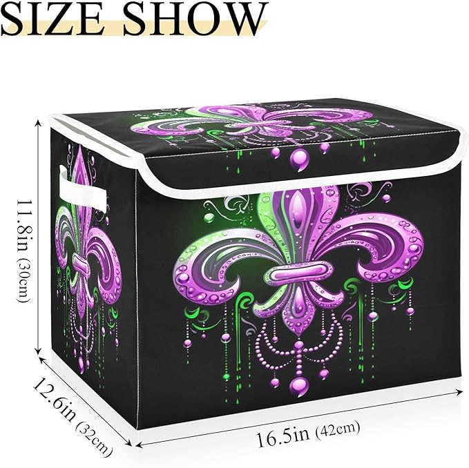 Storage Baskets with Lids Collapsible Bins Mardi Gras Stackable Fabric Linen Baskets Closet Organizer Container 16.5x12.6x11.8