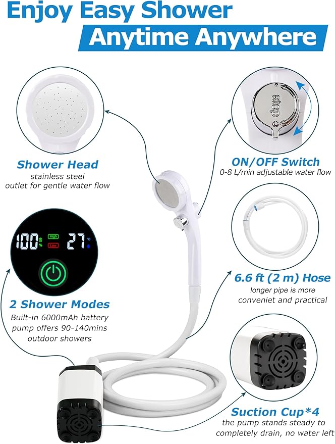 innhom Portable Shower Camping Shower Outdoor Camp Shower Pump Electric Rechargeable Portable Camping Shower Powered by Rechargeable Battery