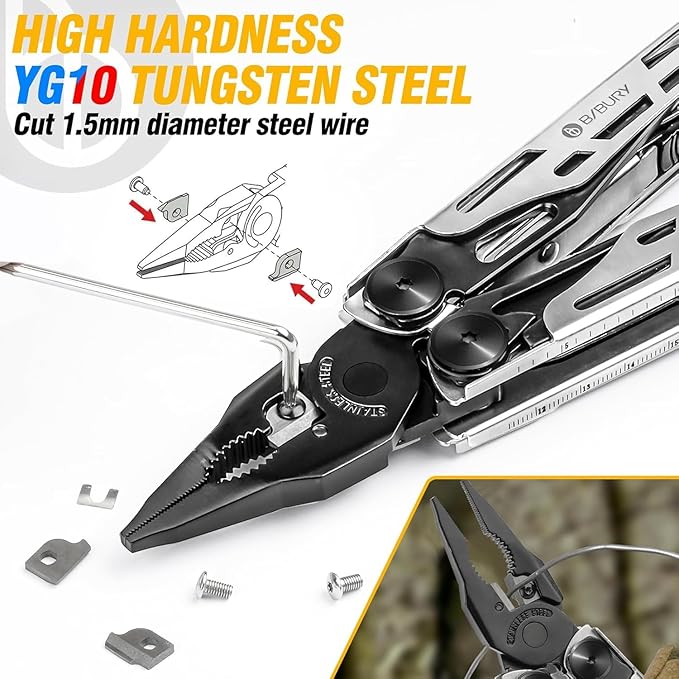 BIBURY Multitool Pliers Pro BI2045 Stainless Steel 31-in-1 Multi Tool Pliers with Replaceable Wire Cutters and SawFoldable Multitools with Scissors and Screwdriver Ideal for CampingSurvivalRepair