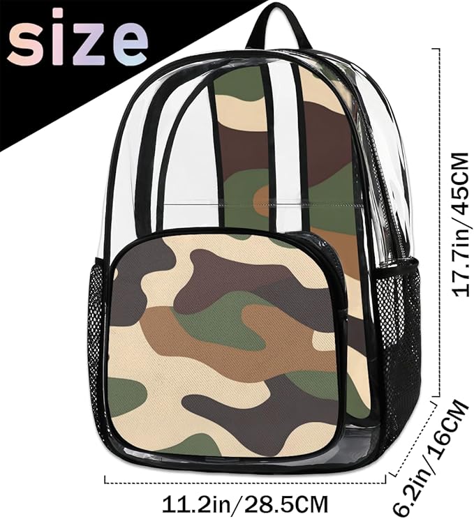 Brown Camouflage Military Heavy Duty Clear Backpack Large PVC Transparent Backpack See Through Bag for Work Sports Travel Security Stadium Events