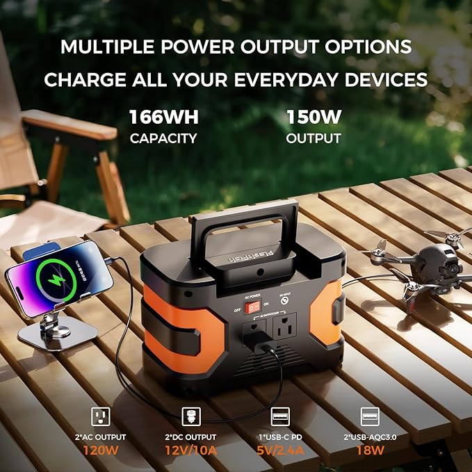 FF FLASHFISH 166Wh Portable Power Station 150W Solar Generator with AC/Quick Charge USB/DC Outputs Backup Power Battery Pack for Camping CPAP Travel Home Emergency