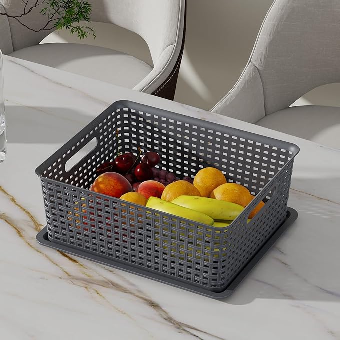 13 Quart Plastic Storage Baskets with Lid Weave Organizing Bins Gray 6 Packs