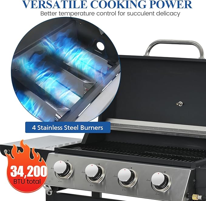 Patio Propane Gas Grill Stainless Steel 4-Burner BBQ Grill with Top Cover Lid Spacious Cooking Area and 2 Side Shelves for Outdoor Patio Garden Picnic Backyard Black