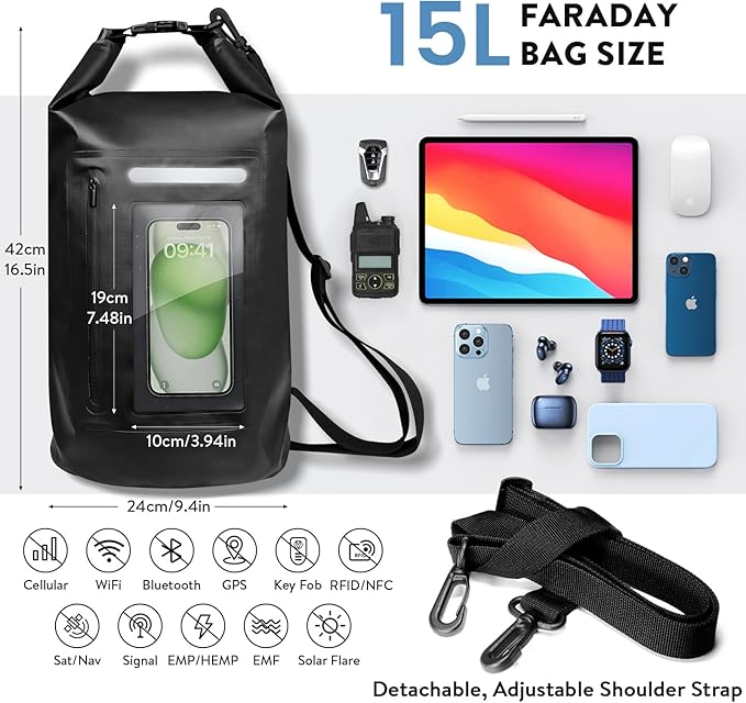 Faraday Dry Bag-15L/420D Signal Blocking Backpack - Protects Electronics from Spying &amp Hacking- Blocks RFID WiFi Bluetooth NFC Cellular GPS EMF