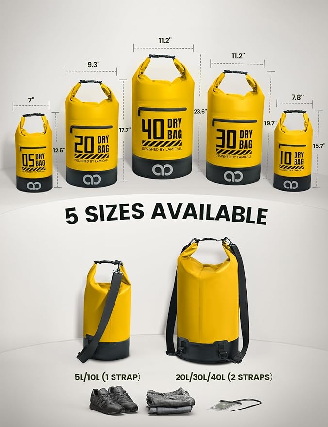 Lamicall 40L &amp 40L Dry Bag Waterproof Backpack - [Zippered Pocket] Roll Top Waterproof Bag Black &amp Lemon Yellow