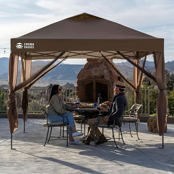 CROWN SHADES Gazebo 10x10 Pop Up Canopy with Mosquito Netting Screen Tent with 4 Ropes 8 Stakes 4 Sandbags and Wheeled Storage Bag Canopy for Patio &amp Backyard PartiesCamping&ampEvents -(Coff