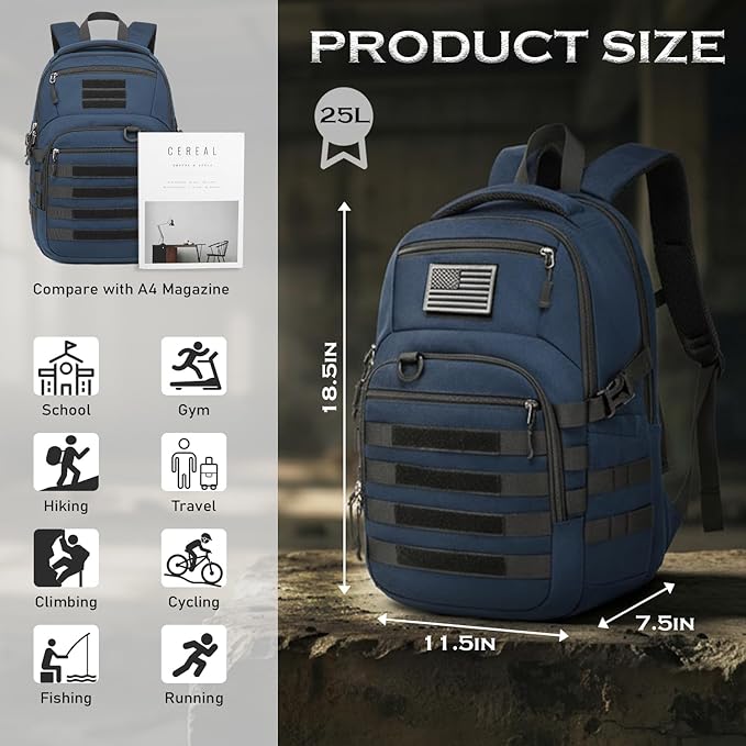 25L Military Tactical Backpack for Men - Molle Army 3 Days Assault Pack Out Bag Hiking Rucksack (Blue 25L)