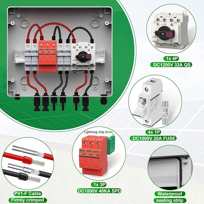 2 String Solar PV Combiner Box 2 in x20A 1 Out x 32A IP65 DC1000V 32A Disconnect Switch with Surge Protector and 20A PV Fuse Circuit Breaker Outdoor IP65 Waterproof for Solar Panels System