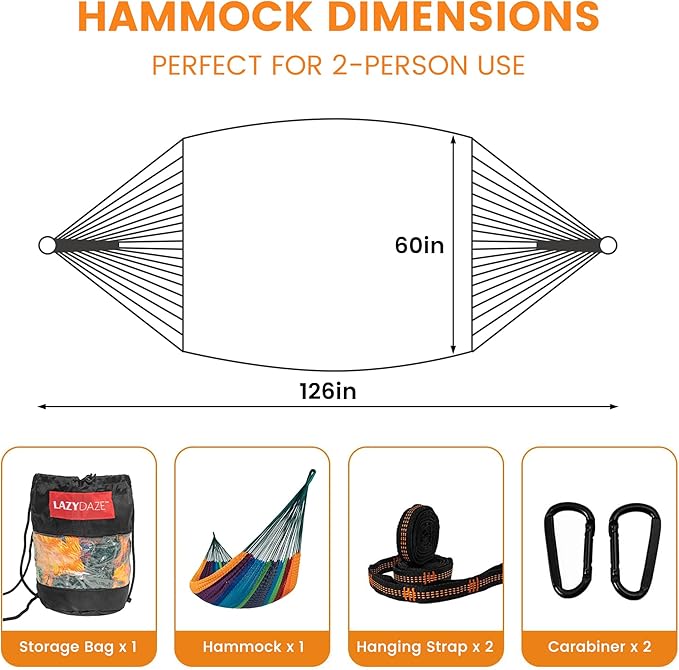 Lazy Daze Hammocks Handwoven Mayan Hammock 10.5 FT Soft Rope Double Hammocks Portable Outdoor Hammock with Carry Bag 2 Straps &amp Carabiners for Patio Outside 550 lbs Weight Capacity Multi Colo