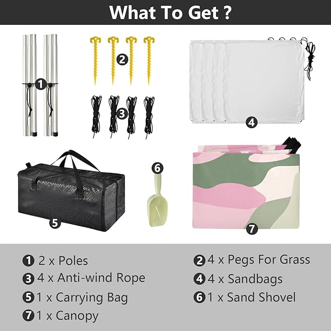 Sage Beach Canopy UPF50+ Easy Setup Shade Sun Shelter with Sturdy Poles Sandbags and Shovel for Camping Picnics Backyard