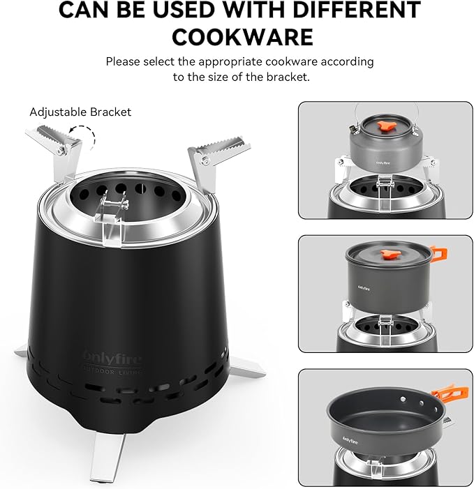 ONLYFIRE OUTDOOR LIVING 2-in-1 Smokeless Fire Pit with Pot Bracket &amp Carry Bag 7.8” Portable Camping Stove Wood Burning Mini Tabletop Fireplace for Patio Backyard RV Tailgating Black FP053