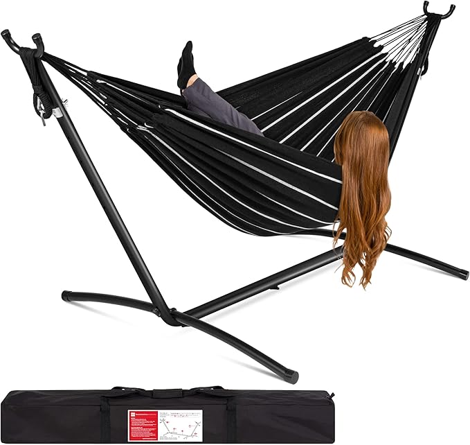 Best Choice Products Double Hammock with Steel Stand Indoor Outdoor Brazilian-Style Cotton Bed w/Carrying Bag 2-Person Capacity - Onyx