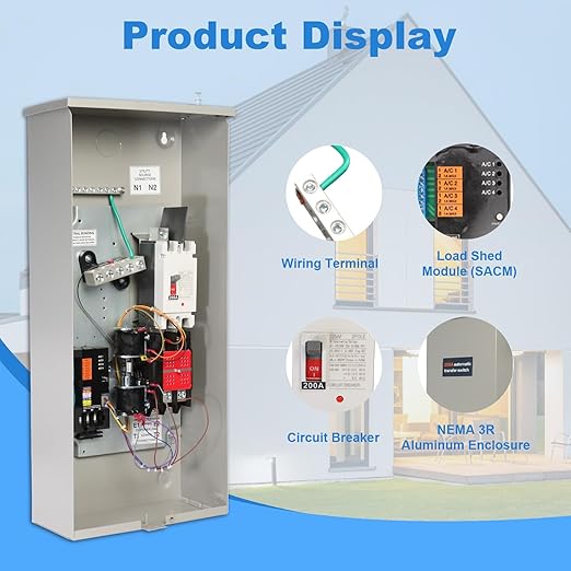 200 Amp Automatic Transfer Switch Generator Single Phase Transfer Switch with Power Management Replacement for Generac RXSW200A3 NEMA 3R Outdoor Rated Aluminum Enclosure for Indoor and Outdoor Use