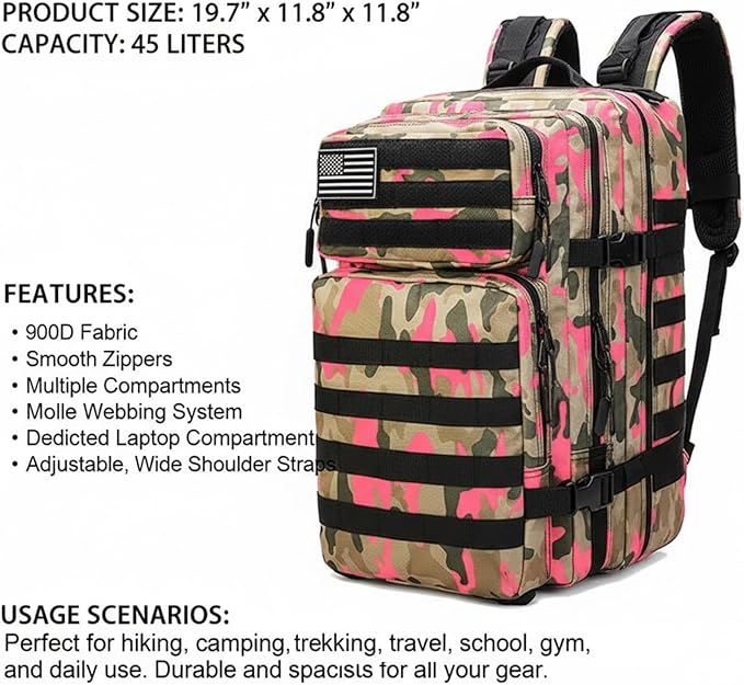 45L Military Tactical Backpack for Men &amp Women Bug Out Bag Assault pack Molle Daypack Hiking Trekking Rucksack(Camouflage Pink)
