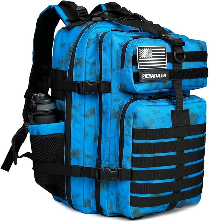 45L Military Tactical Backpack for Men &amp Women Bug Out Bag Assault pack Molle Daypack Hiking Trekking Rucksack (2.0 side pockets （blue tie dye）)